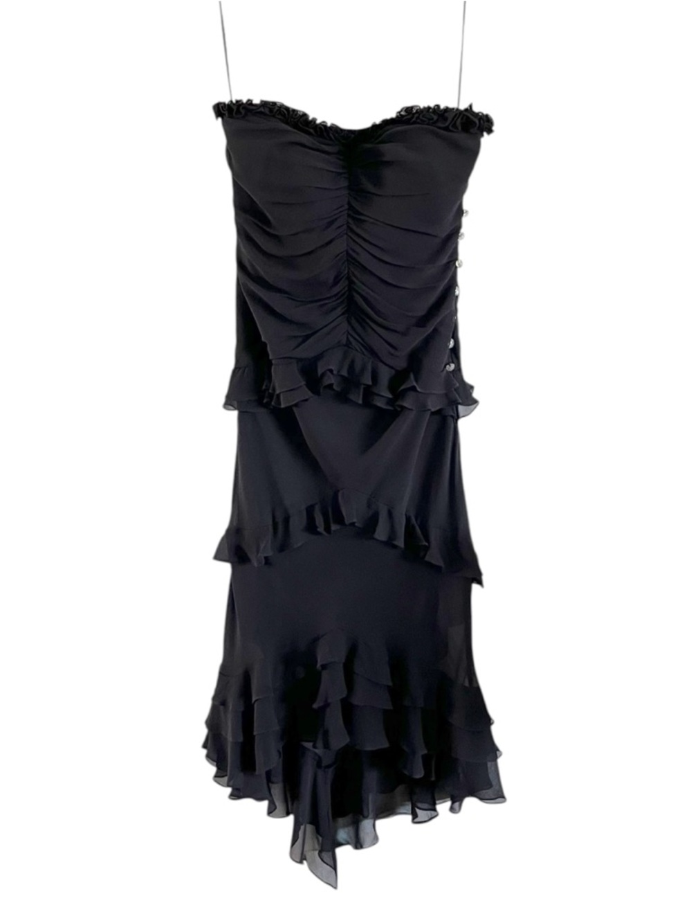 Vintage Cache Y2K Silk Strapless Ruched Ruffle Midi Evening Dress